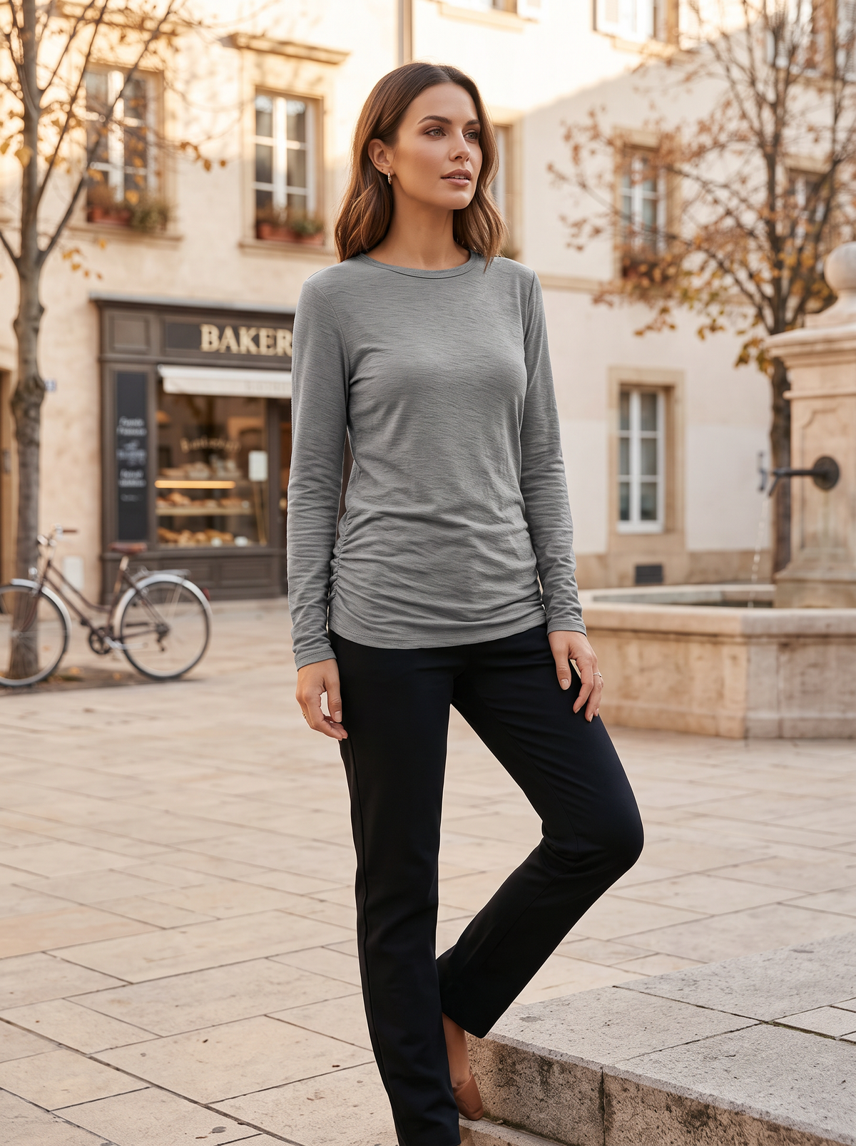 Top de cuello redondo Pilar para Mujer – Mangas largas, Elasticidad en 4 direcciones y Silueta entallada