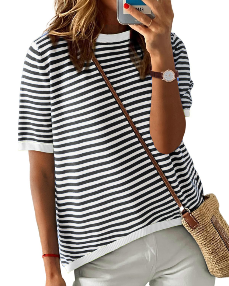 Ainsley Top Punto Rayas Mujer – Cuello Redondo, Manga Corta y Corte Suelto