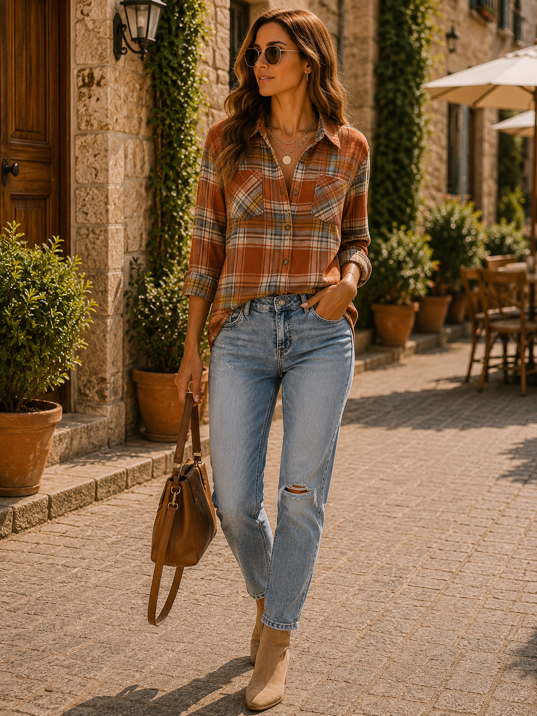 Camisa de cuadros Sara para Mujer – Silueta holgada, Bolsillos en el pecho y Corte boyfriend