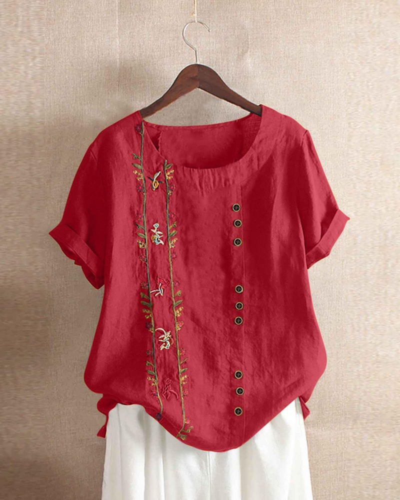 Brooke Blusa Lino Donna – Misto Cotone Lino, Stampa Floreale e Manica Corta