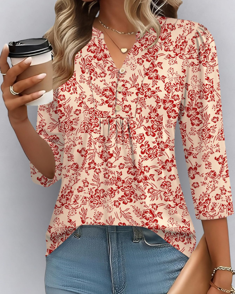 Isla Blusa Boho Mujer – Escote en V, Manga 3/4, Pliegues y Tejido Ligero