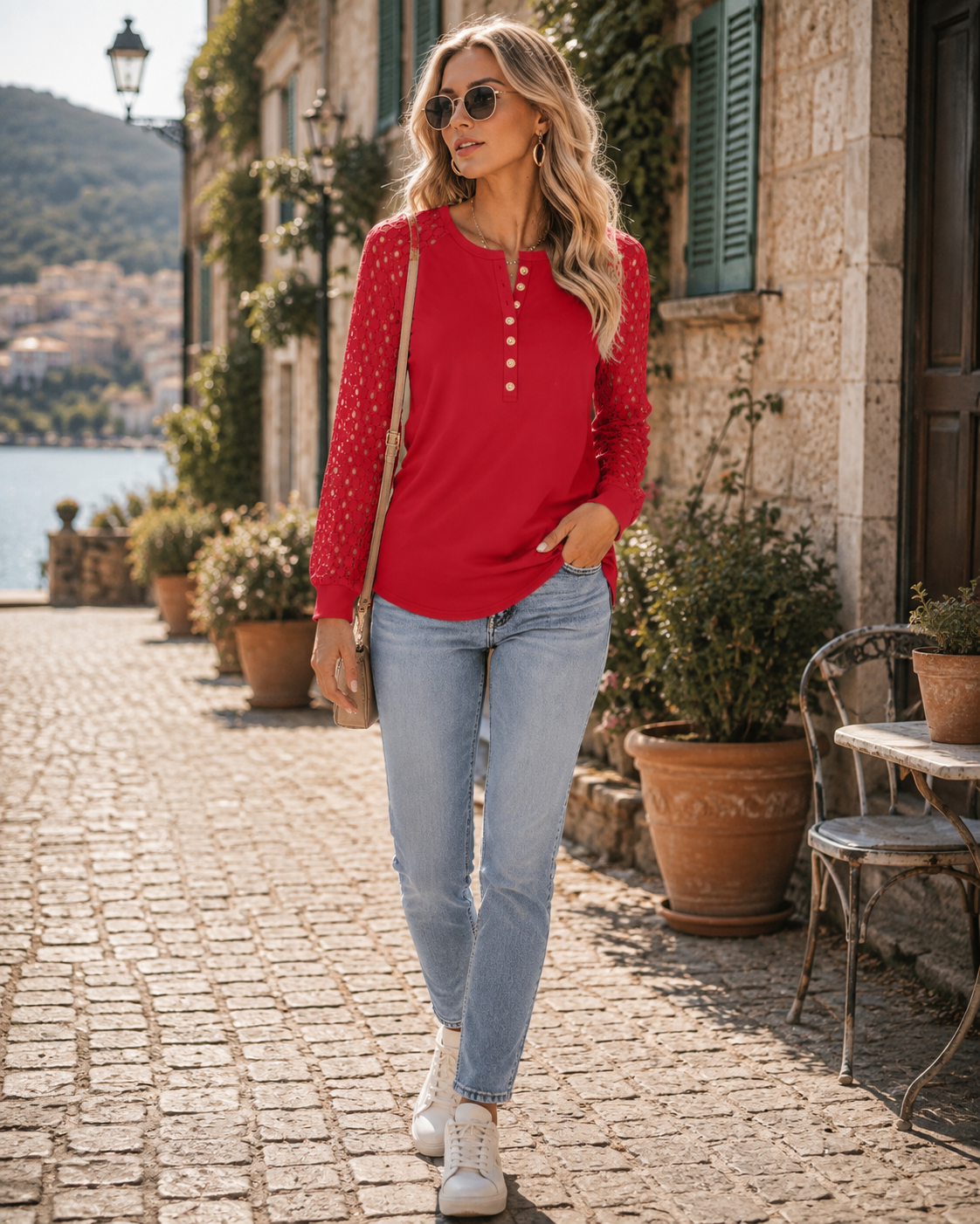Top estilo henley Isabel para Mujer – Cierre de botones, Mangas largas y Tejido flexible