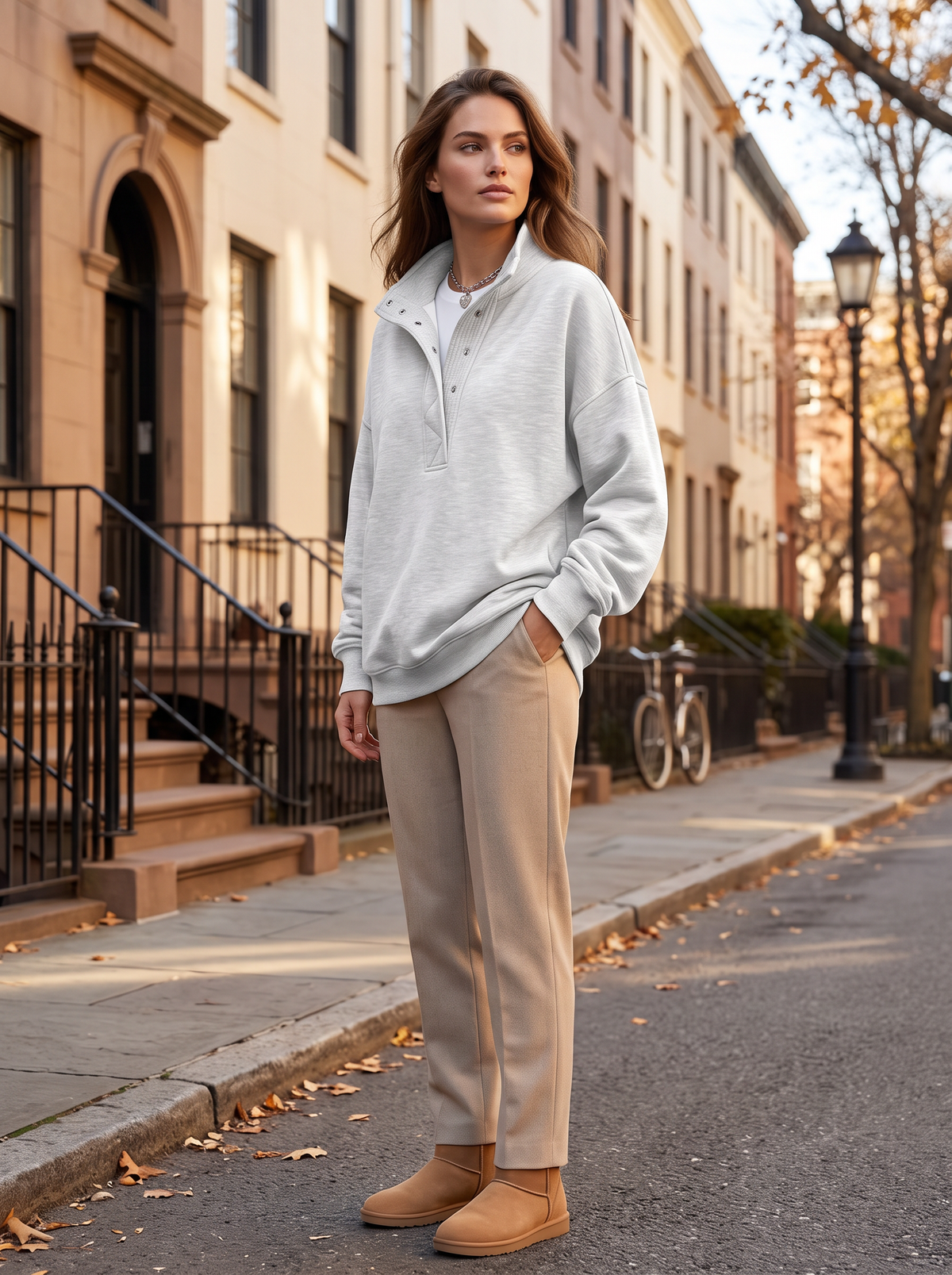 Sudadera estilo henley Blanca para Mujer – Forro polar interior, Hombros caídos y Silueta holgada