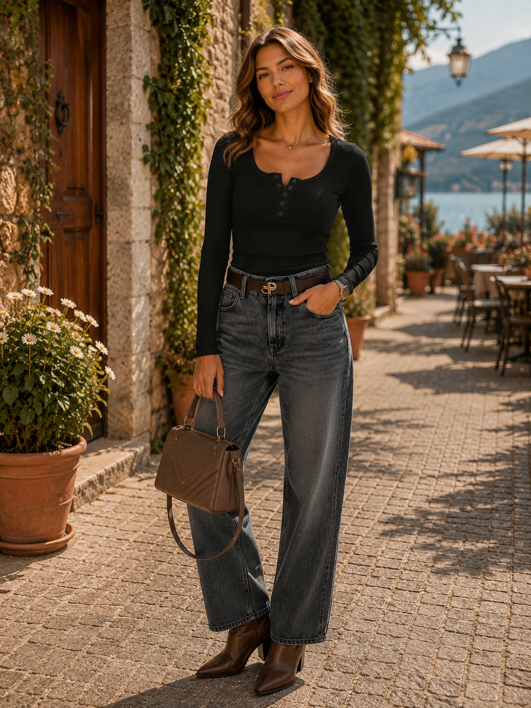 Top estilo henley Daniela para Mujer – Mangas largas, Silueta entallada y Tejido elástico