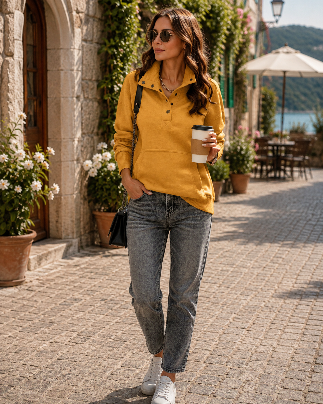 Sudadera estilo henley Daniela para Mujer – Cuello en V, Tejido elástico y Cómodo