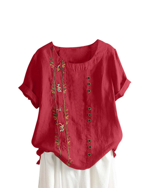 Brooke Women’s Linen Blouse – Cotton-Linen Blend, Floral Print, and Short Sleeves
