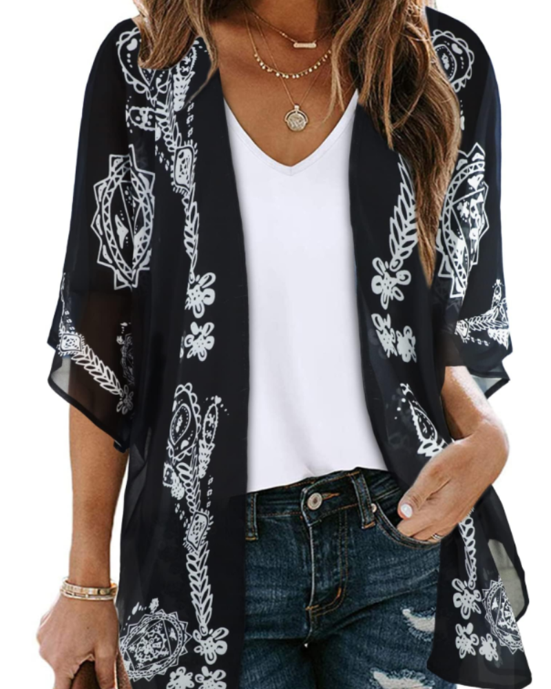 Lauren Kimono Cardigan Boho Mujer – Chifón Floral, Frente Abierto y Manga 3/4