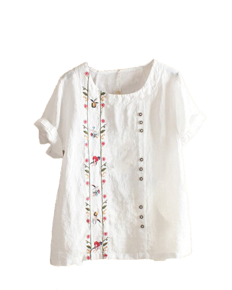 Brooke Blusa Lino Mujer – Mezcla Algodón Lino, Estampado Floral y Manga Corta