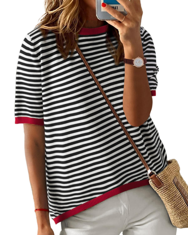 Ainsley Top Punto Rayas Mujer – Cuello Redondo, Manga Corta y Corte Suelto