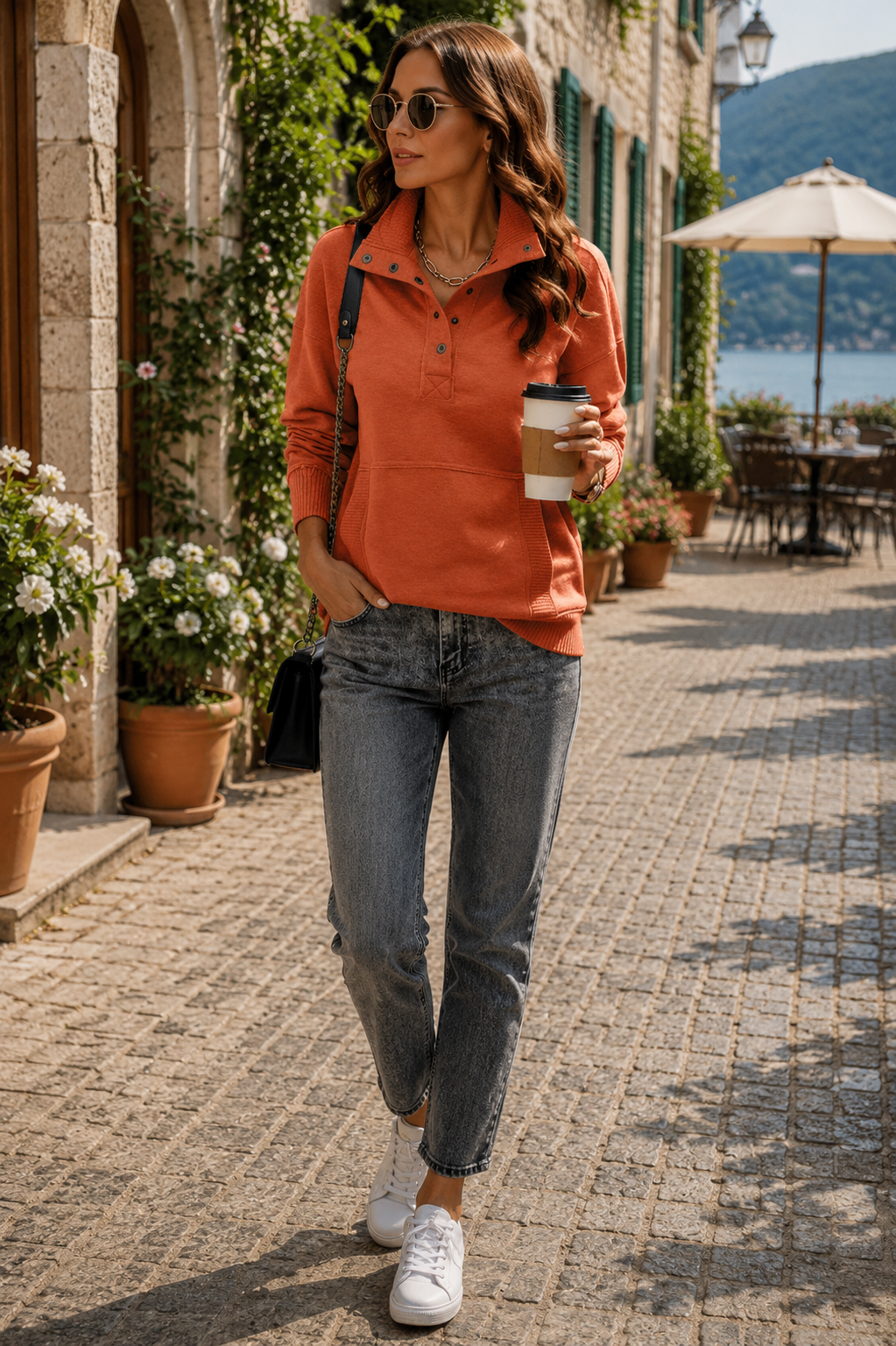 Sudadera estilo henley Daniela para Mujer – Cuello en V, Tejido elástico y Cómodo