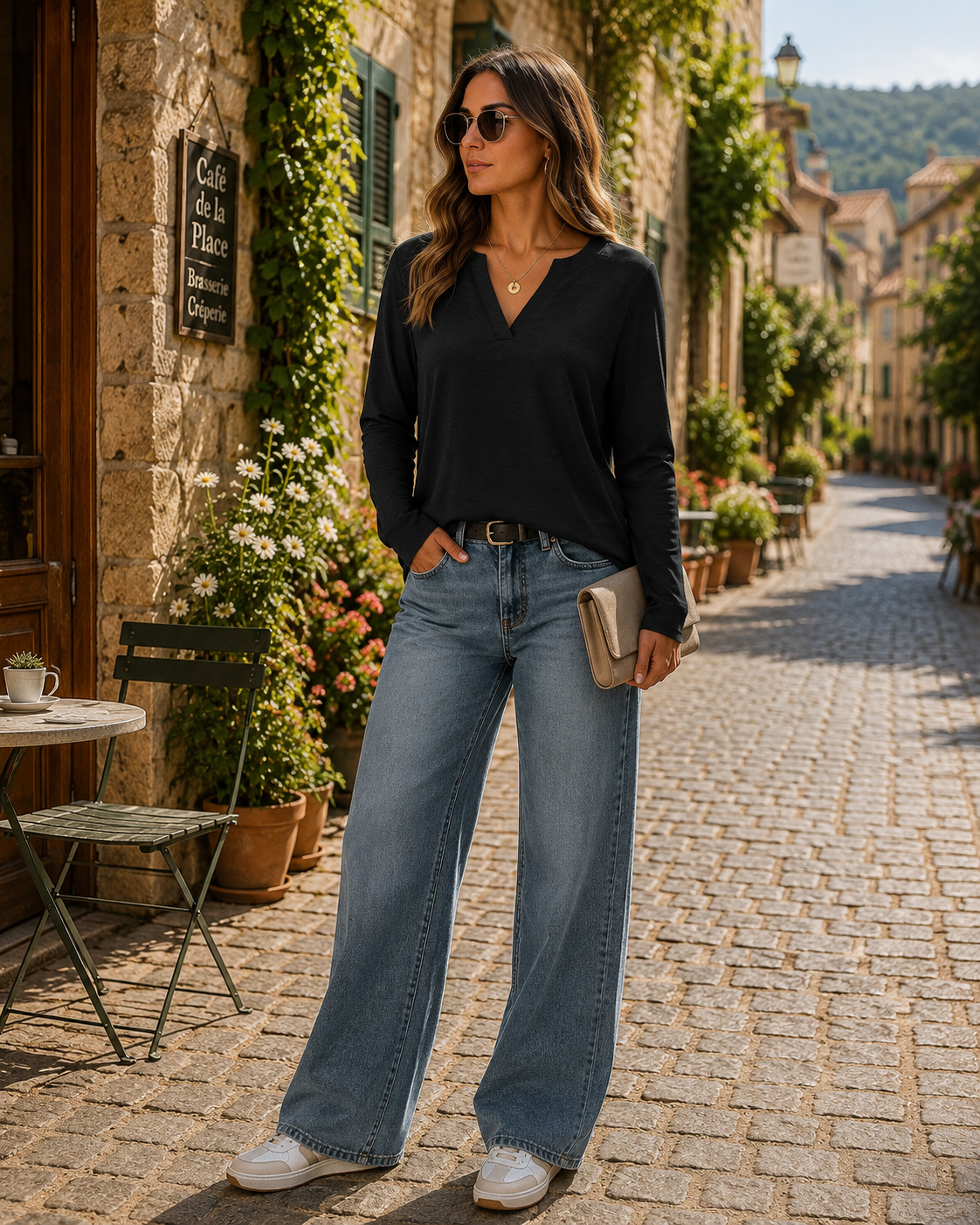 Top de cuello en V Teresa para Mujer – Mangas largas, Tejido flexible y Tejido elástico