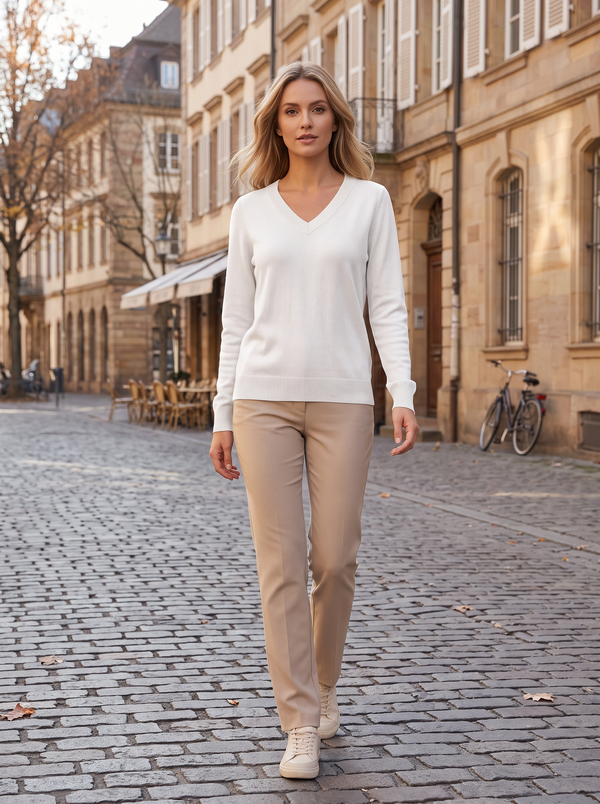Jersey Beatriz para Mujer – Cuello en V, Mangas largas y Detalles acanalados