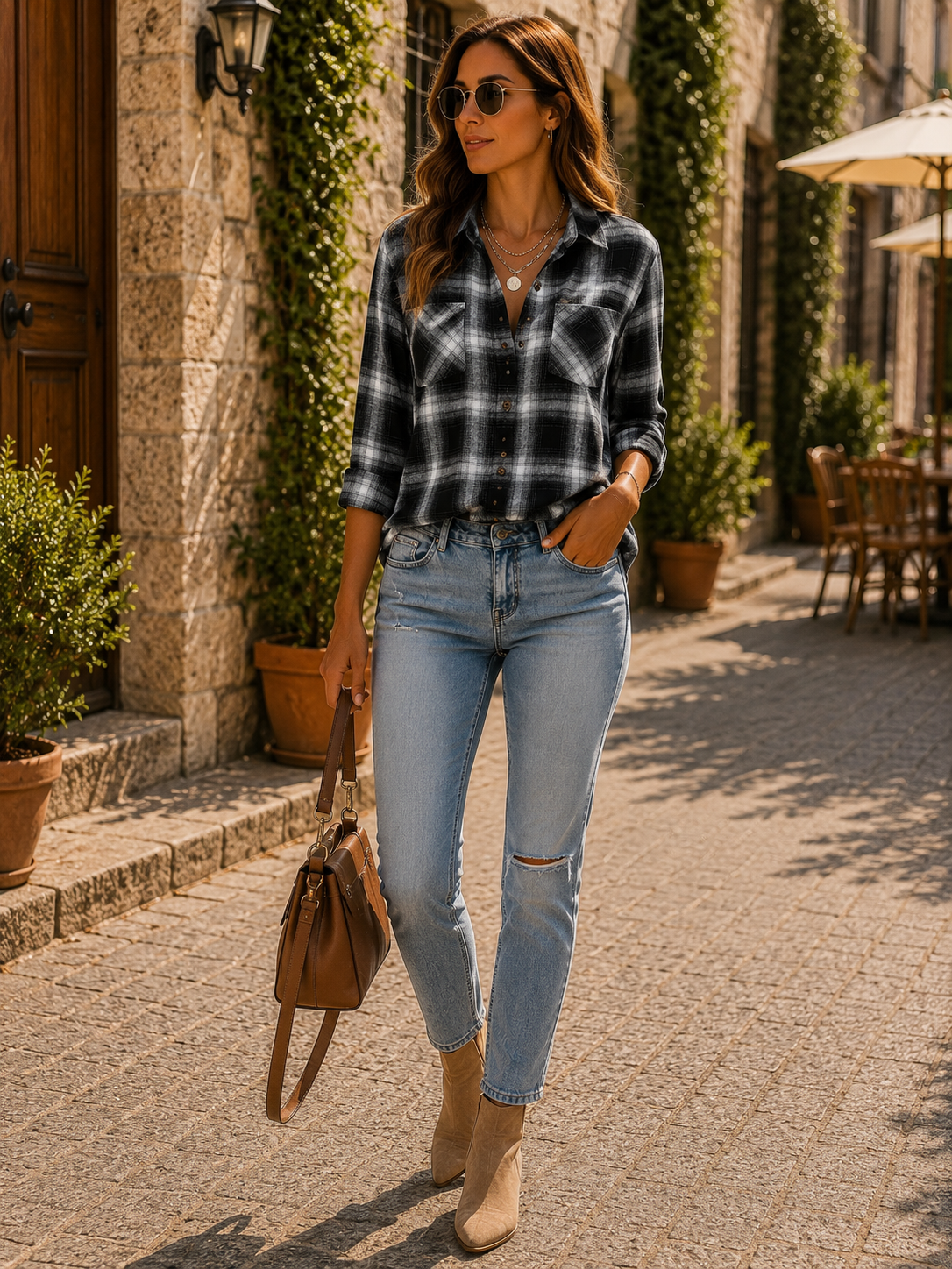 Camisa de cuadros Sara para Mujer – Silueta holgada, Bolsillos en el pecho y Corte boyfriend