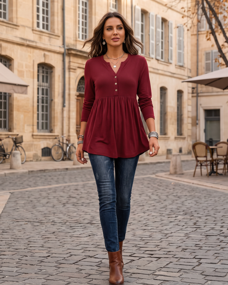 Blusa estilo henley Zaida para Mujer – Cuello en V y Mangas largas