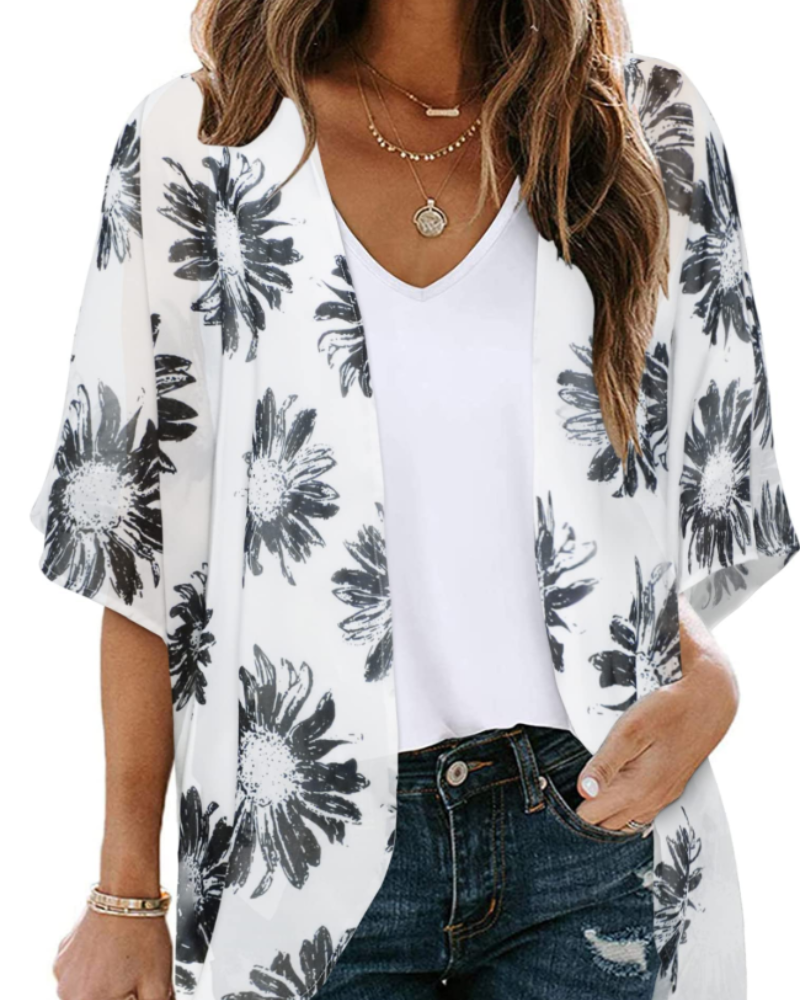 Lauren Kimono Cardigan Boho Mujer – Chifón Floral, Frente Abierto y Manga 3/4
