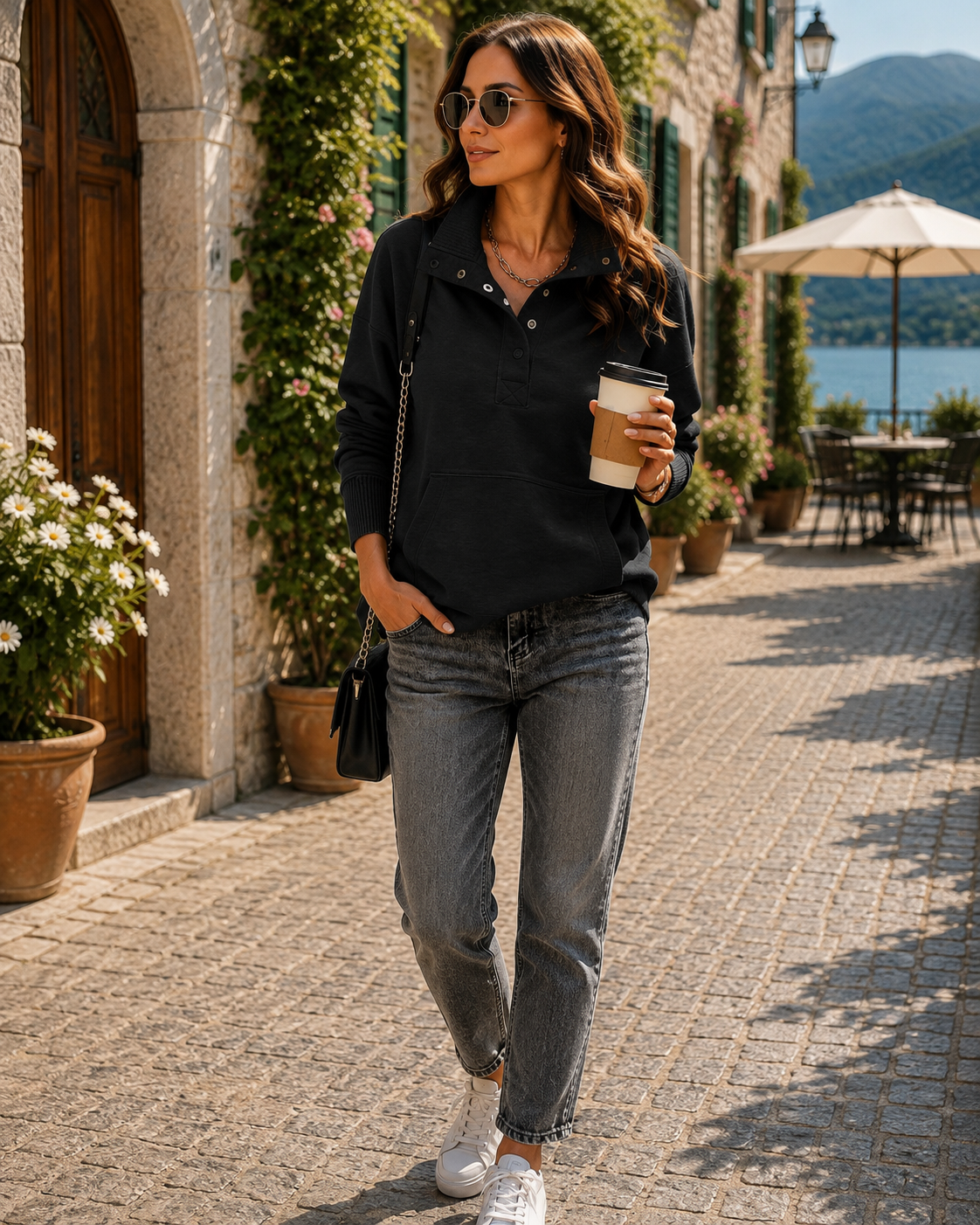 Sudadera estilo henley Daniela para Mujer – Cuello en V, Tejido elástico y Cómodo