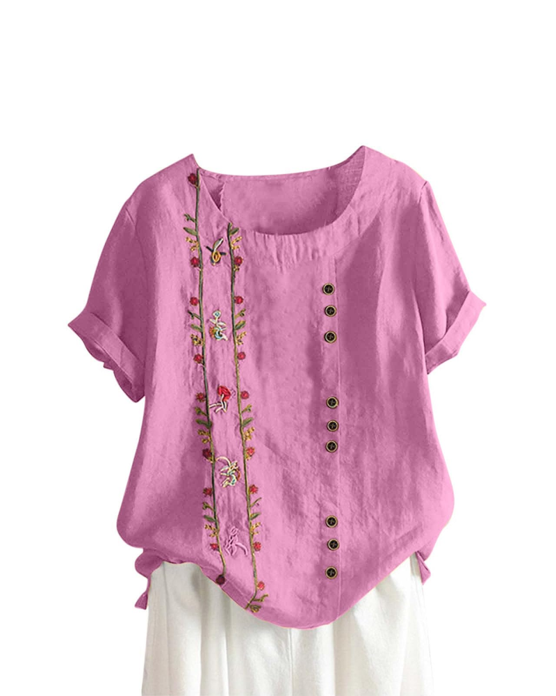 Brooke Blusa Lino Mujer – Mezcla Algodón Lino, Estampado Floral y Manga Corta