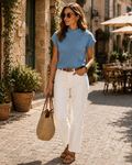 Top Estrella para Mujer – Cuello alto simulado, Mangas cortas y Punto afelpado