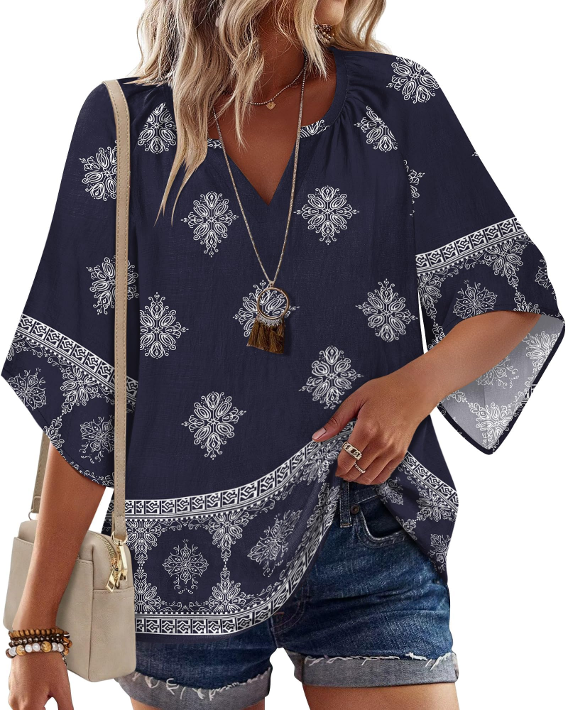 Carmen Blusa Boho Mujer – Cuello V Henley, Manga Acampanada y Estampado Floral