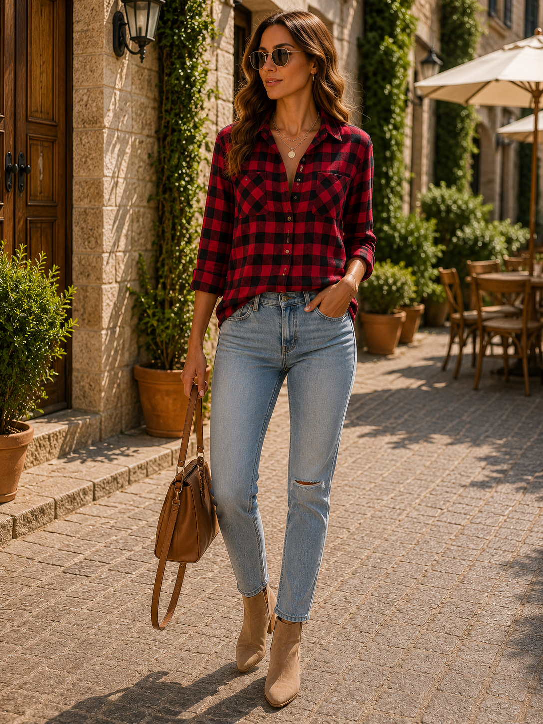 Camisa de cuadros Sara para Mujer – Silueta holgada, Bolsillos en el pecho y Corte boyfriend