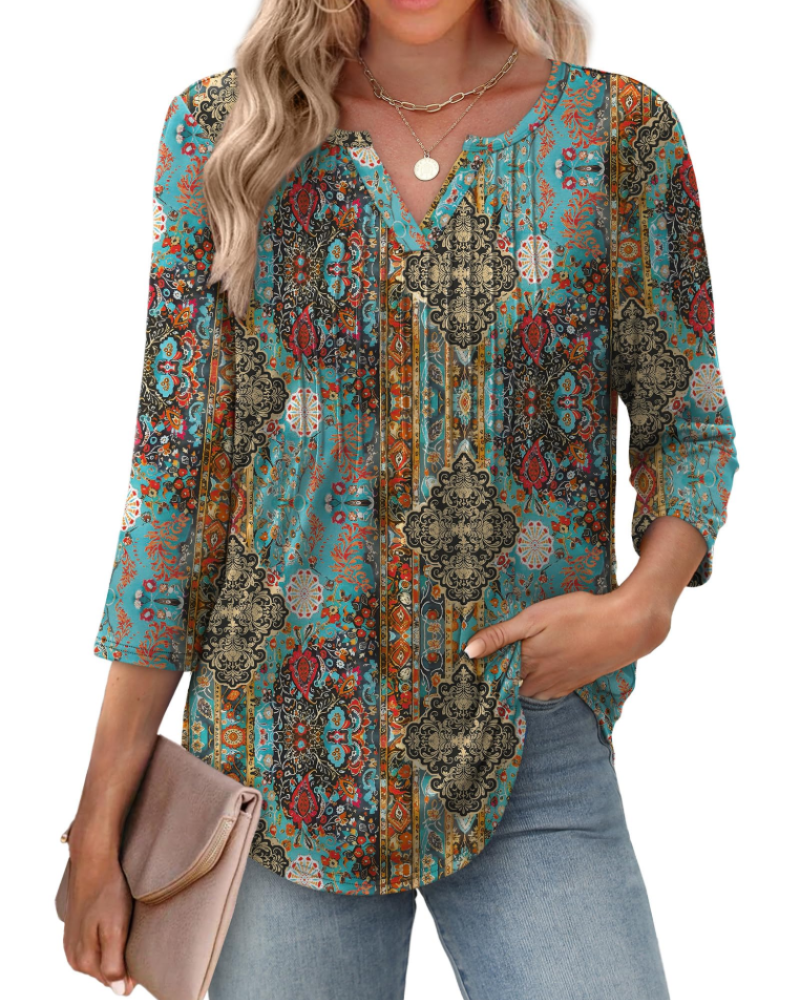 Aubrey Blusa Mujer – Escote en V, Manga 3/4, Pliegues y Tejido Ligero