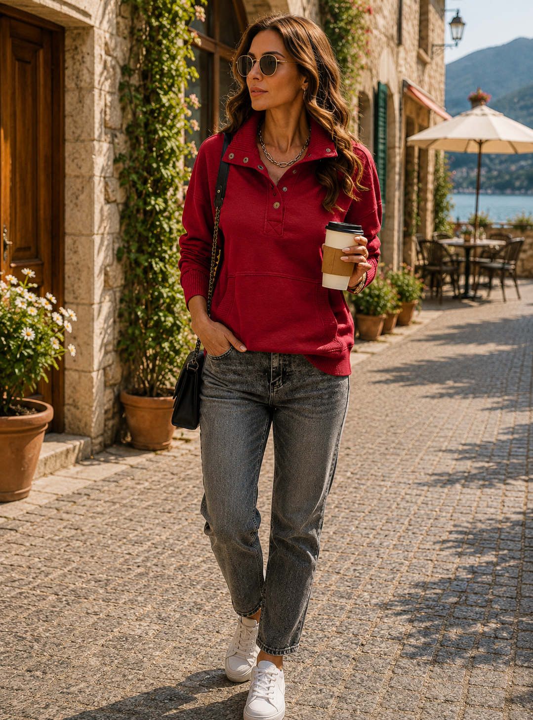 Sudadera estilo henley Daniela para Mujer – Cuello en V, Tejido elástico y Cómodo