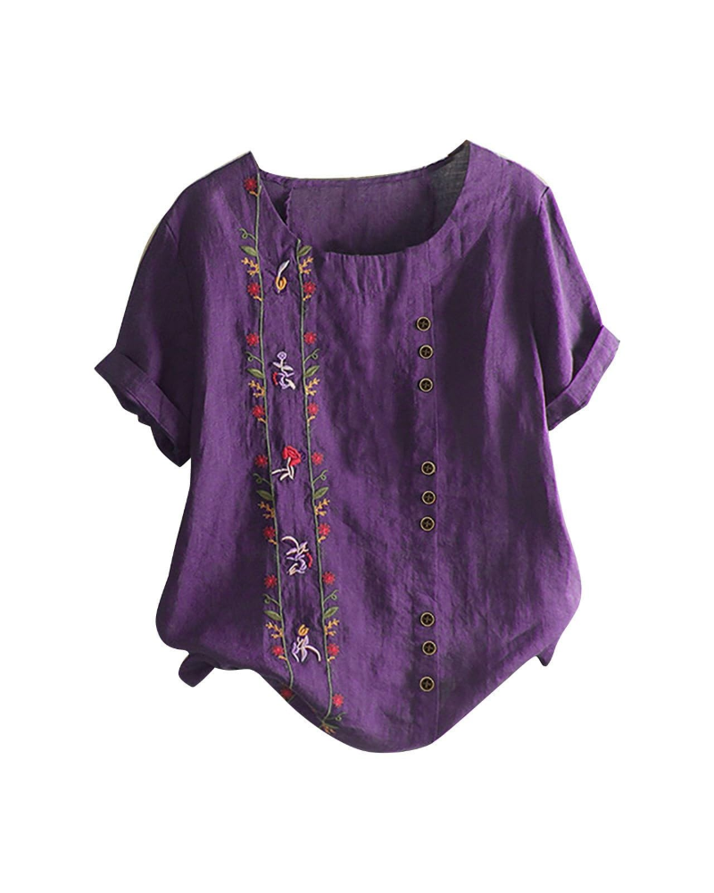 Brooke Blusa Lino Mujer – Mezcla Algodón Lino, Estampado Floral y Manga Corta