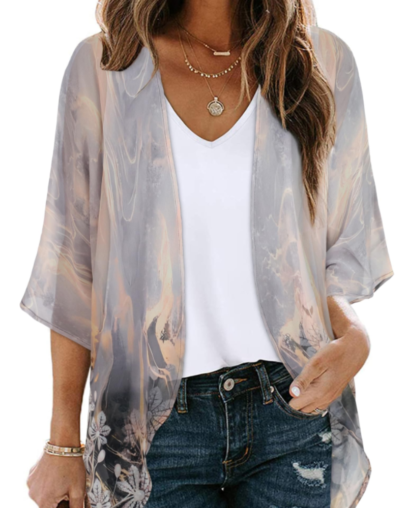 Lauren Kimono Cardigan Boho Mujer – Chifón Floral, Frente Abierto y Manga 3/4