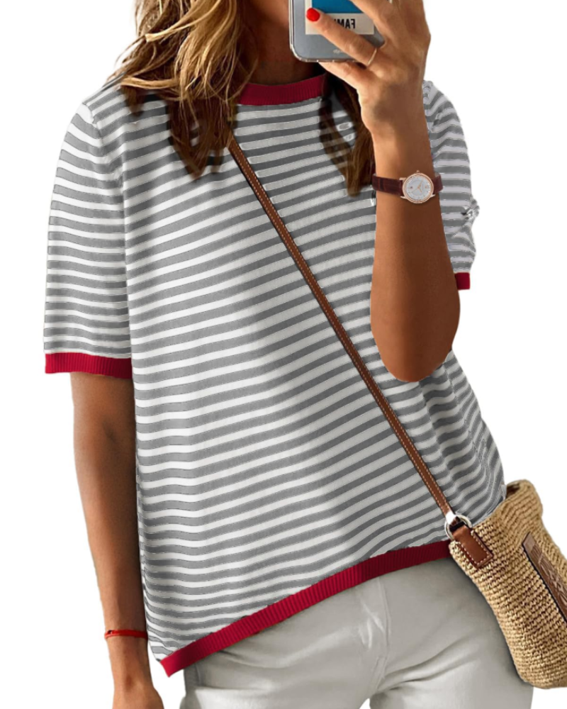 Ainsley Top Punto Rayas Mujer – Cuello Redondo, Manga Corta y Corte Suelto