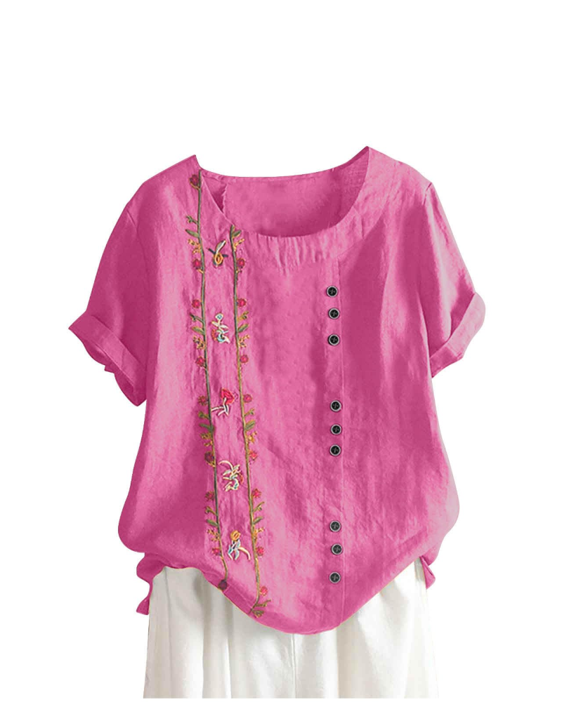 Brooke Blusa Lino Mujer – Mezcla Algodón Lino, Estampado Floral y Manga Corta
