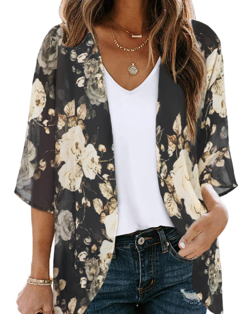 Lauren Kimono Cardigan Boho Mujer – Chifón Floral, Frente Abierto y Manga 3/4
