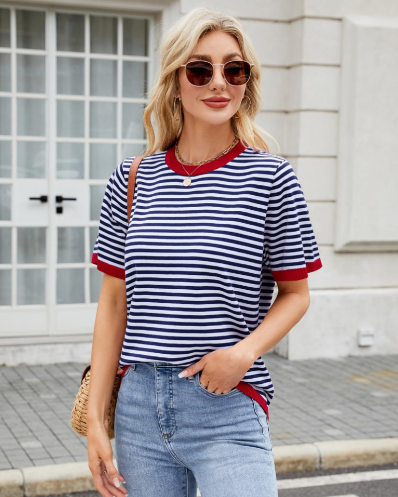 Ainsley Top Punto Rayas Mujer – Cuello Redondo, Manga Corta y Corte Suelto