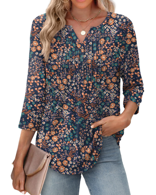 Aubrey Women’s Blouse – V-Neck, 3/4 Sleeves, Pleats, and Lightweight Fabric
