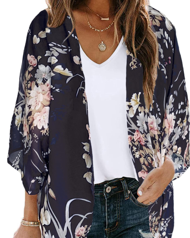 Lauren Kimono Cardigan Boho Mujer – Chifón Floral, Frente Abierto y Manga 3/4