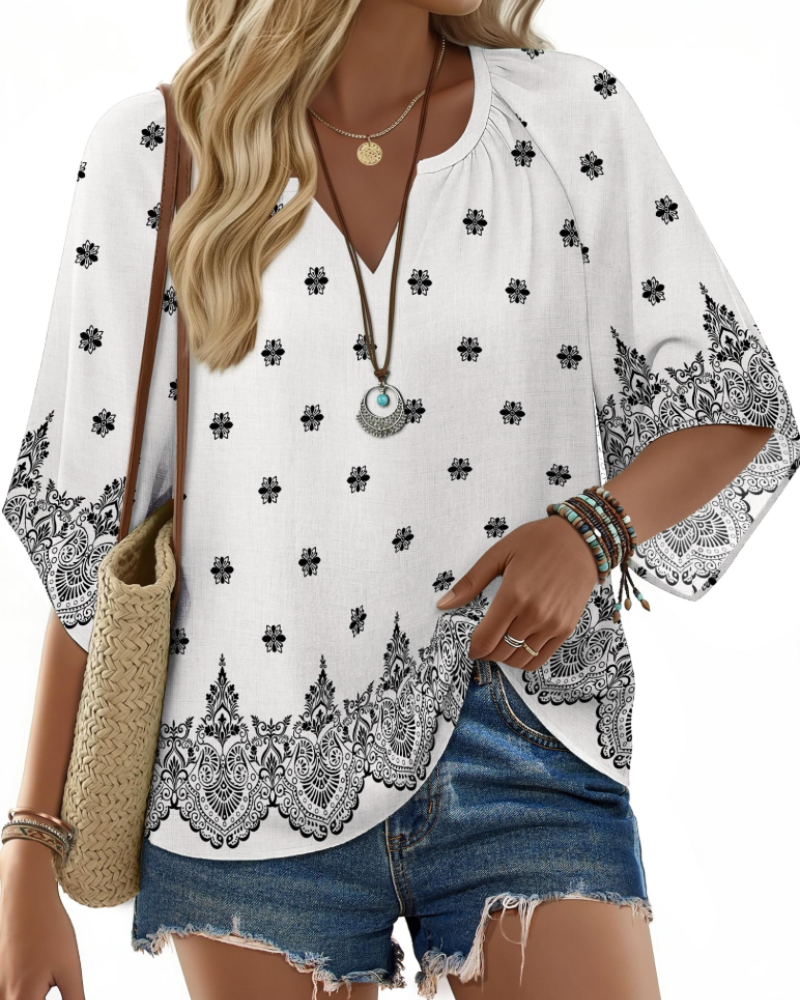 Carmen Blusa Boho Mujer – Cuello V Henley, Manga Acampanada y Estampado Floral