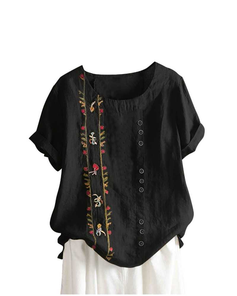 Brooke Blusa Lino Mujer – Mezcla Algodón Lino, Estampado Floral y Manga Corta
