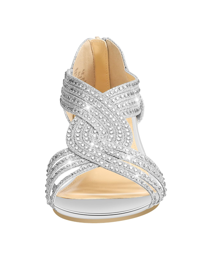 Celeste Sandalias Cuña Mujer – Pedrería Brillante, Plantilla Látex y Tacón 5,7 cm
