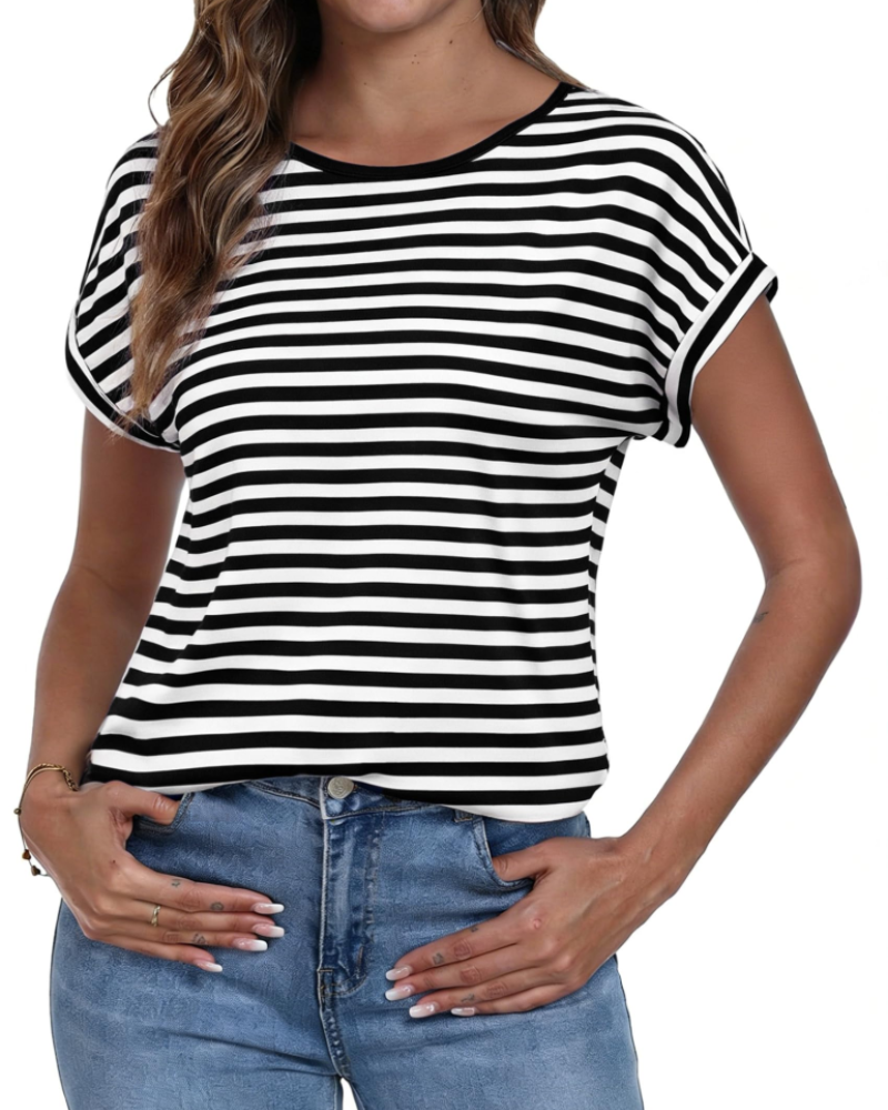 Paige Camiseta Mujer Rayas – Cuello Redondo, Manga Corta y Corte Relajado