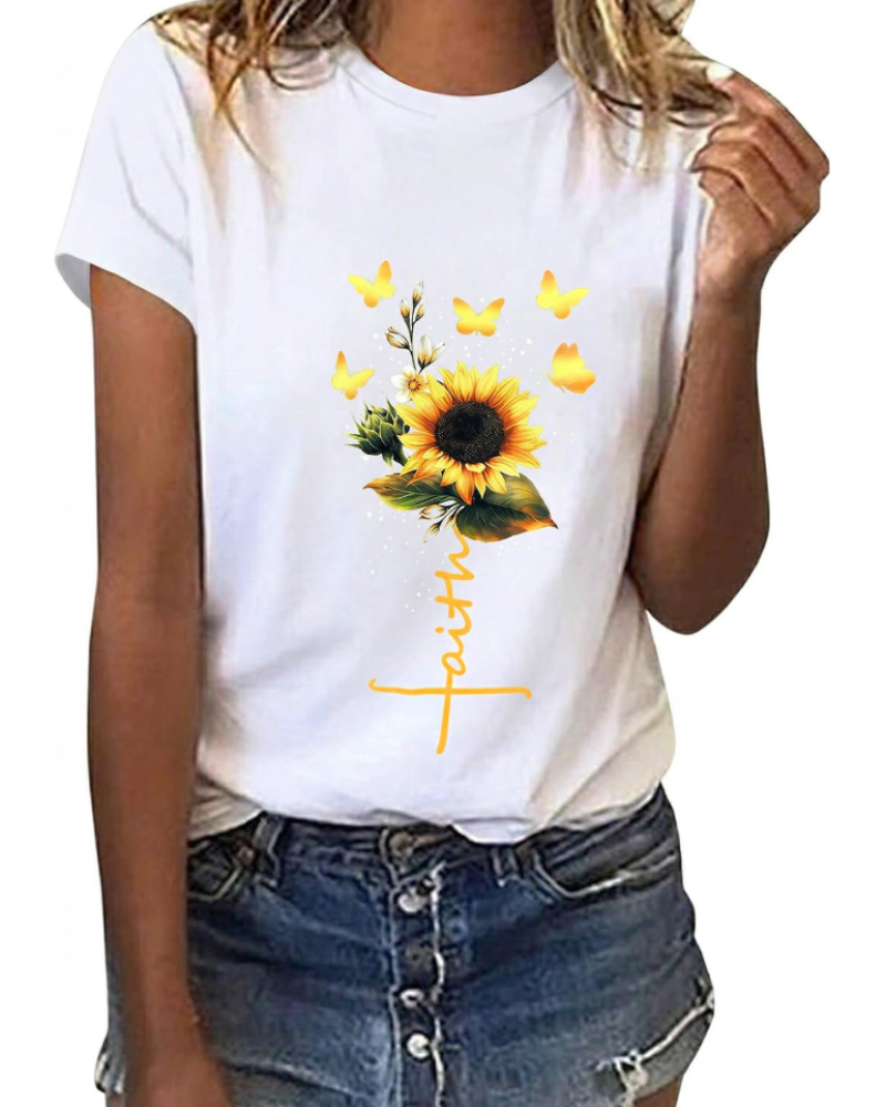 Mia Camiseta Mujer Algodón – Estampado Floral, Manga Corta y Cuello Redondo