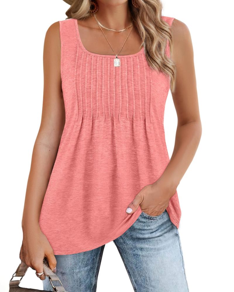 Hazel Top Mujer Cuello Cuadrado – Sin Mangas, Pliegue Frontal y Corte Relajado