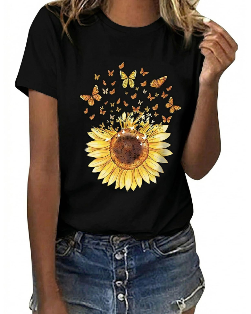 Mia Camiseta Mujer Algodón – Estampado Floral, Manga Corta y Cuello Redondo