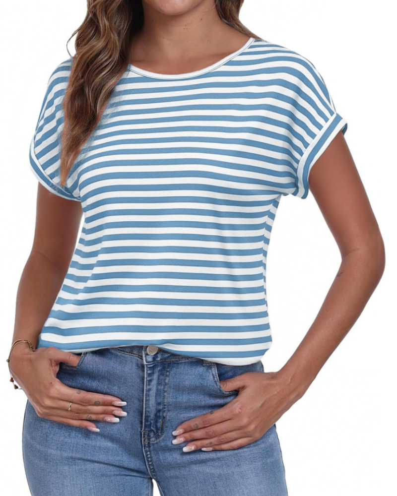 Paige Camiseta Mujer Rayas – Cuello Redondo, Manga Corta y Corte Relajado