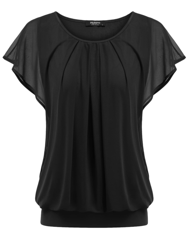 Zoe Blusa Mujer Doble Capa – Malla Transpirable, Manga Murciélago y Plisado