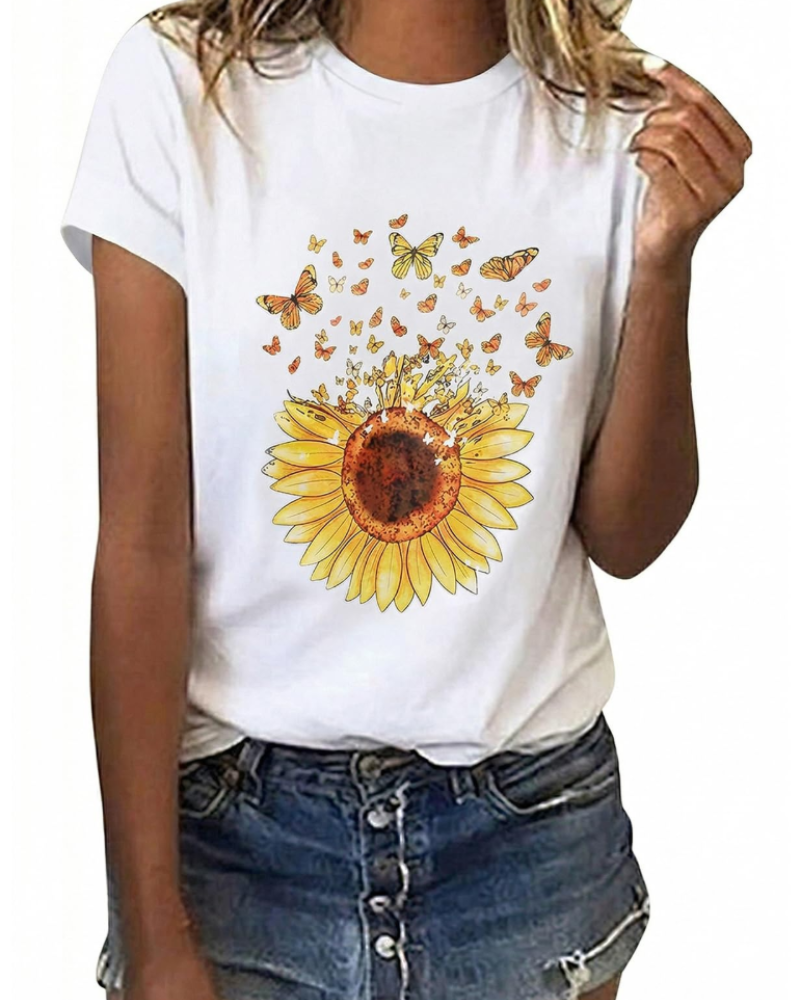 Mia Camiseta Mujer Algodón – Estampado Floral, Manga Corta y Cuello Redondo
