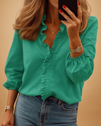 Evangeline Blusa con Volantes Mujer – Escote en V, Mangas Abullonadas y Corte Relajado