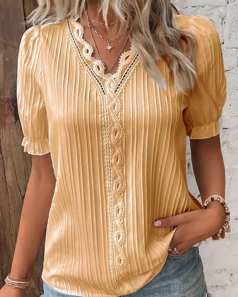 Addison Blusa de Encaje Mujer – Escote en V, Manga Abullonada y Tejido Acanalado