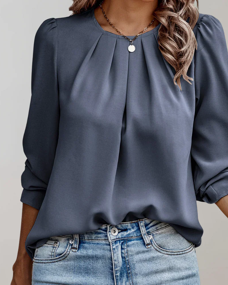 Florence Blusa de Chifón Mujer – Cuello Redondo, Pliegues Frontales y Manga Larga