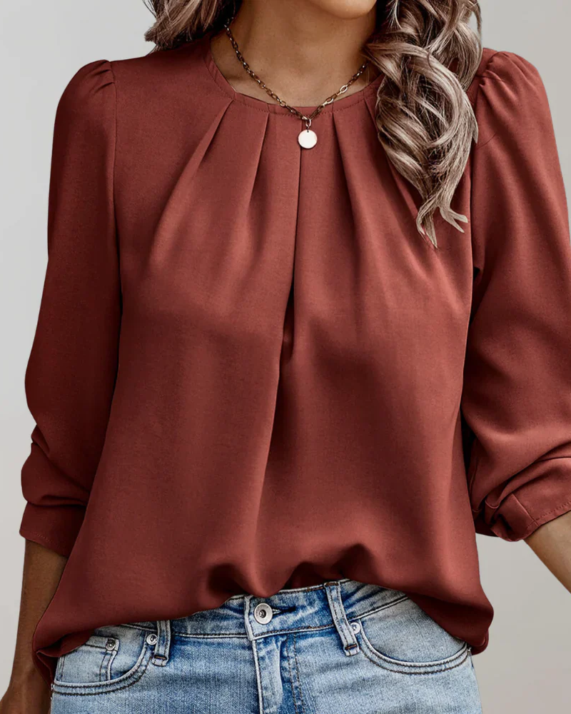 Florence Blusa de Chifón Mujer – Cuello Redondo, Pliegues Frontales y Manga Larga