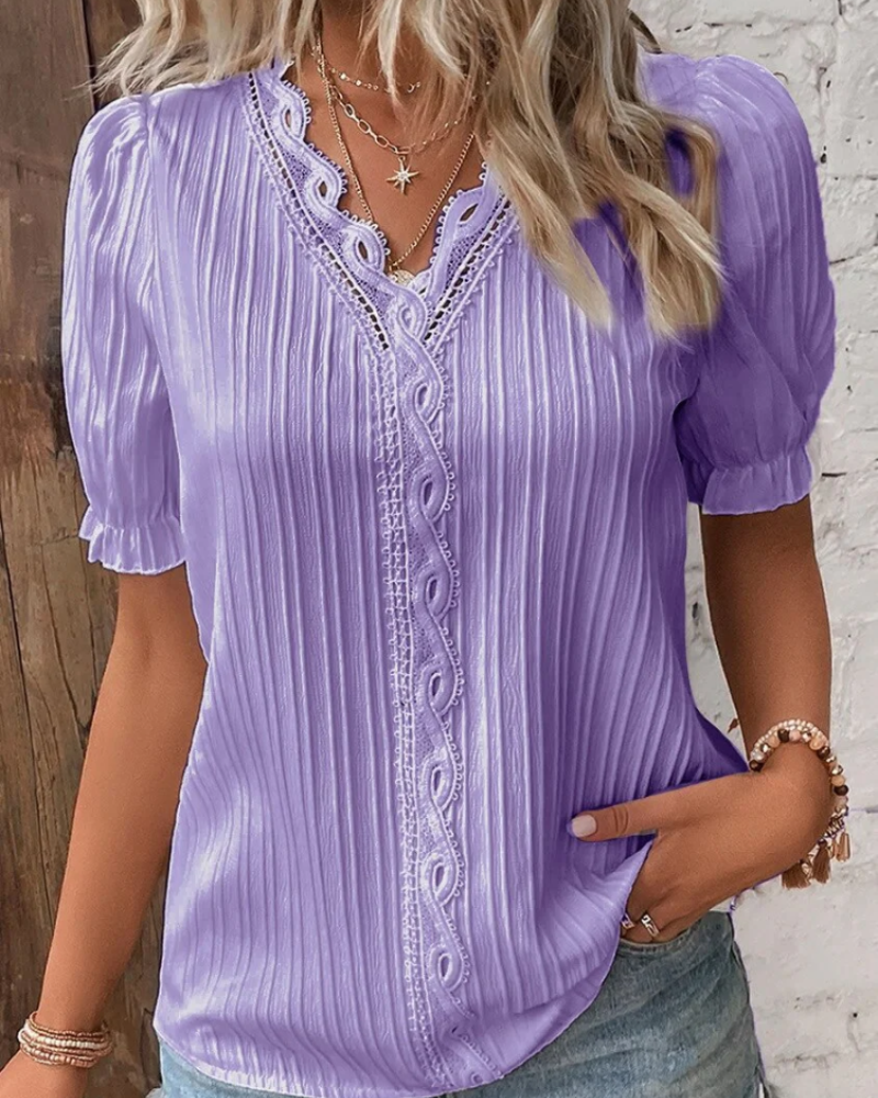 Addison Blusa de Encaje Mujer – Escote en V, Manga Abullonada y Tejido Acanalado