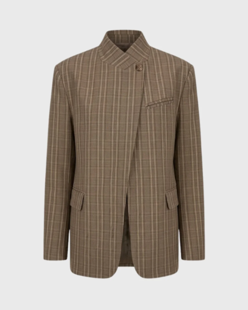 Aubrey Blazer de Cuadros Mujer – Corte Oversize, Cuello Alto y Cierre Asimétrico